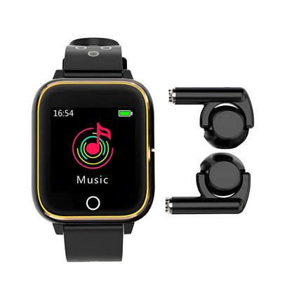 Black smart watch with a 1.4-inch screen and Bluetooth earbuds stored in the watch body