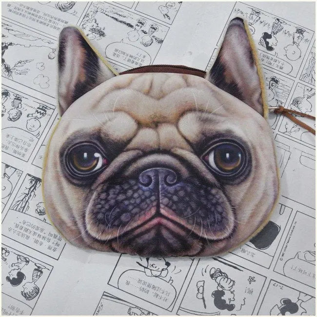 Cat dog face zipper coin purse in polyester and plush, 13x12.5cm, with zip closure for coins and makeup