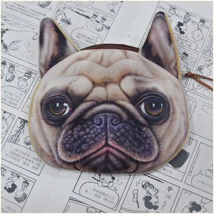 Cat dog face zipper coin purse in polyester and plush, 13x12.5cm, with zip closure for coins and makeup