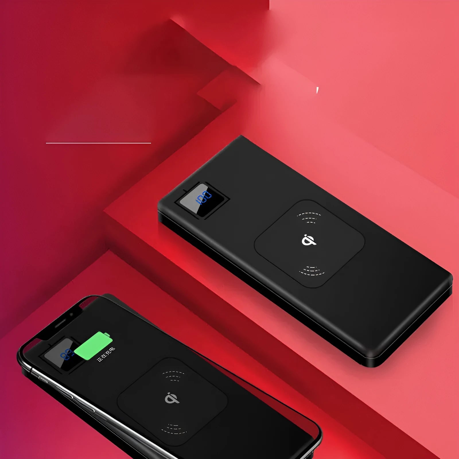 Slim black alloy power bank with LCD screen showing battery percentage, next to a smartphone.