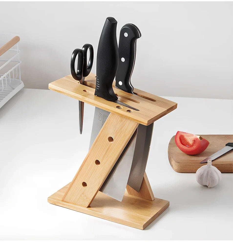 Bamboo cross kitchen knife holder, 20cm tall, stores five blades in upright slots on 15cm base