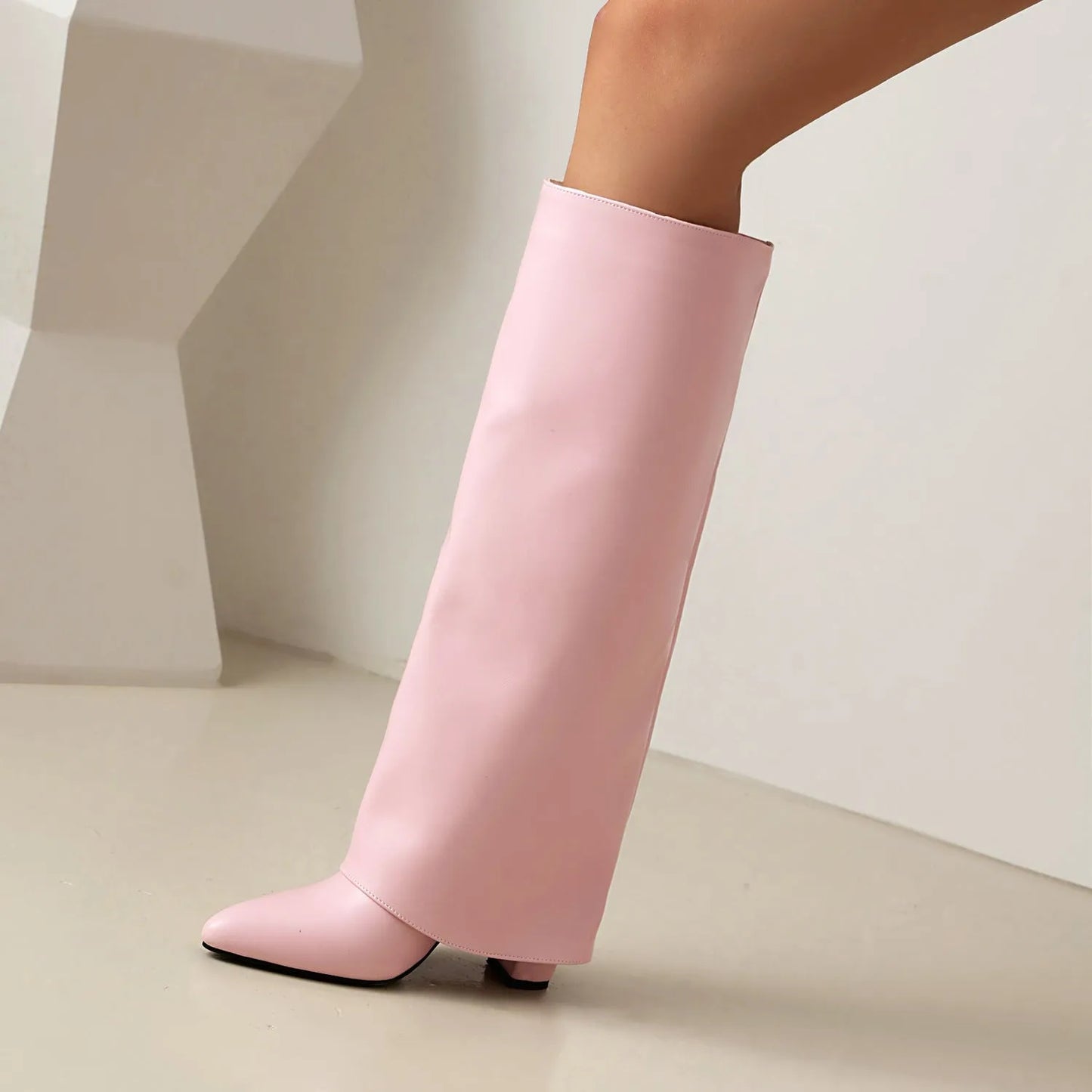 Women's plus size thick high heel boots in white, black and pink colours with sewing line detailing