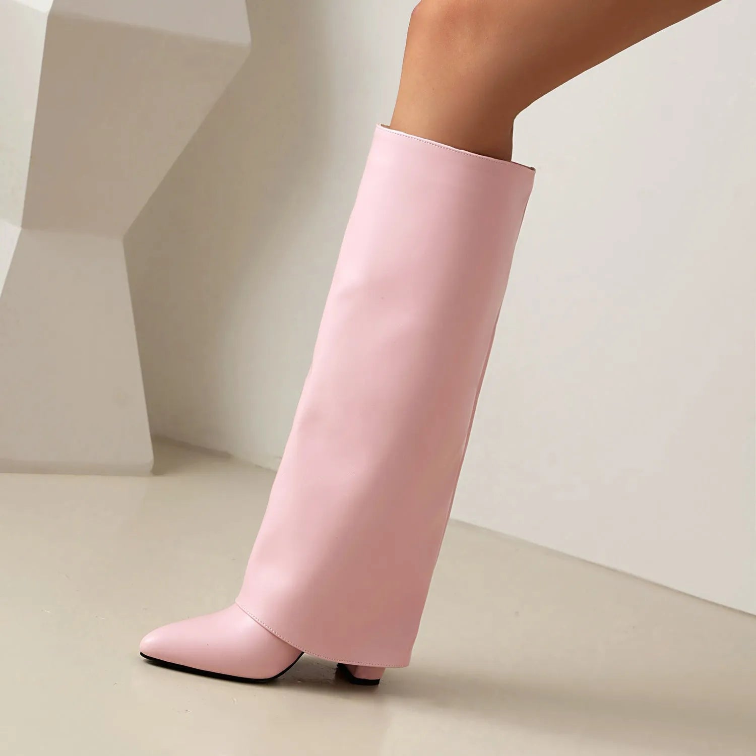 Women's plus size thick high heel boots in white, black and pink colours with sewing line detailing