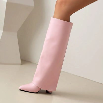 Women's plus size thick high heel boots in white, black and pink colours with sewing line detailing