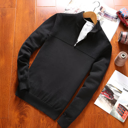 Men's autumn knitted jumper with round neck and long sleeves, shown in black, blue, and red colour options.