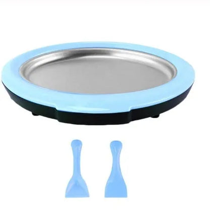 Blue manual fried yogurt ice cream maker with ice tray and serving shovels