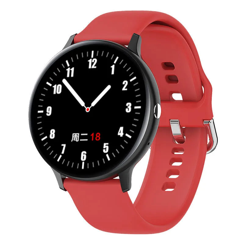 Black smart bracelet with a zinc alloy case and a 1.3-inch touch screen displaying heart rate data.