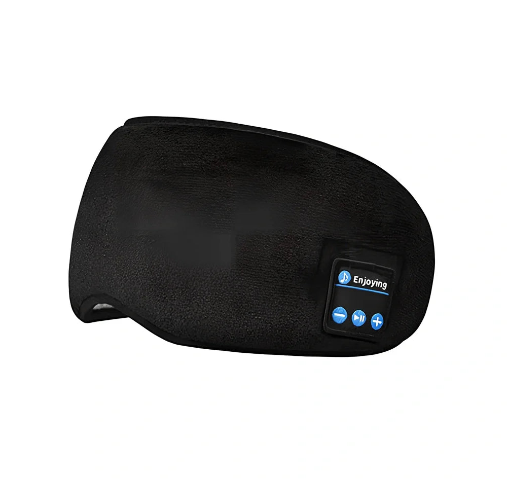 Black Bluetooth eye mask with memory foam padding and adjustable headband for light blocking and audio