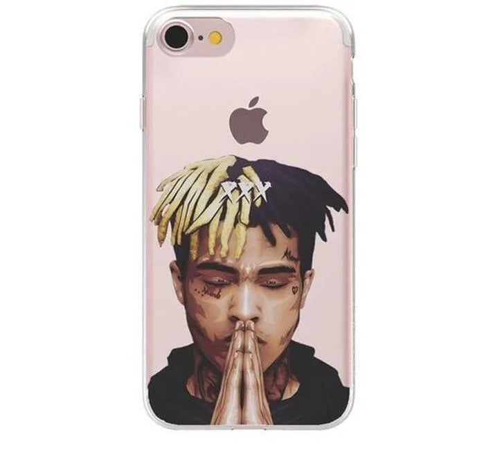 Half-wrapped iPhone case with XXTentacion design, compatible with iPhone XR, X, 8, 7, 6s, 6, 5s, 5 models featuring a dirt-resistant, anti-knock matte finish in a transparent patterned style.