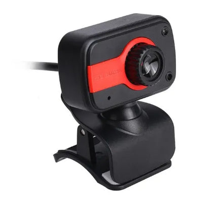 Blue mini USB webcam with a 1.45m cable showing its 360-degree rotating head on a laptop.