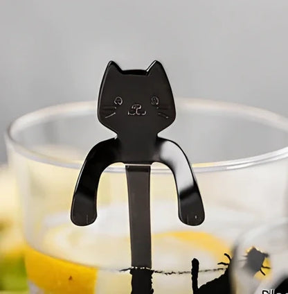 Stainless steel coffee spoon with cartoon cat handle showing hanging hole and smooth edges