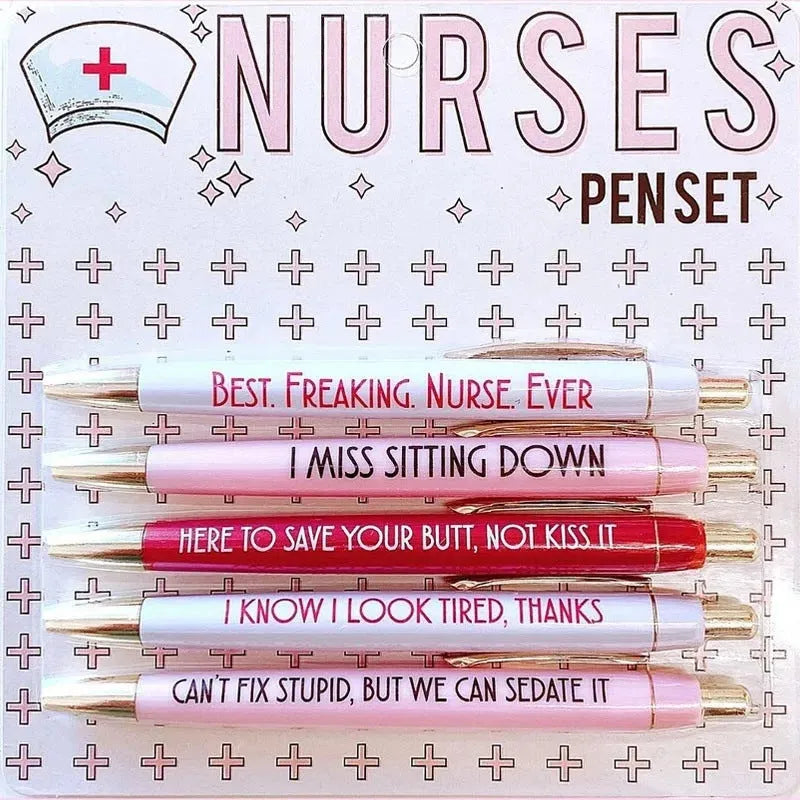 Set of five white plastic retractable ballpoint pens with blue and red nurse-themed text and graphics.