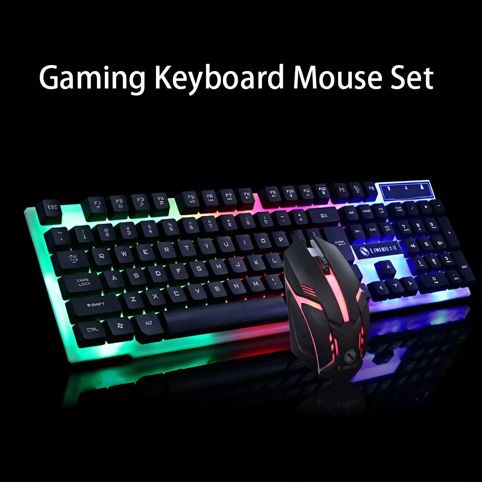 GTX300 black and white wired gaming keyboard and mouse set with backlit keys on desk