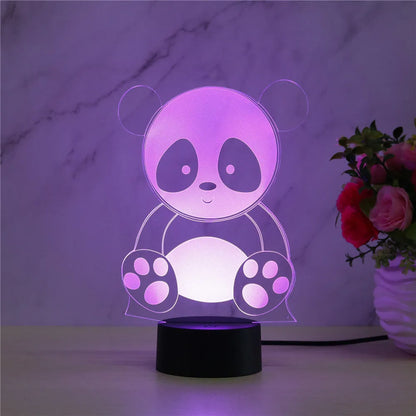 Panda night light with remote control showing seven colour options including red, green, blue, yellow, purple, and white LEDs