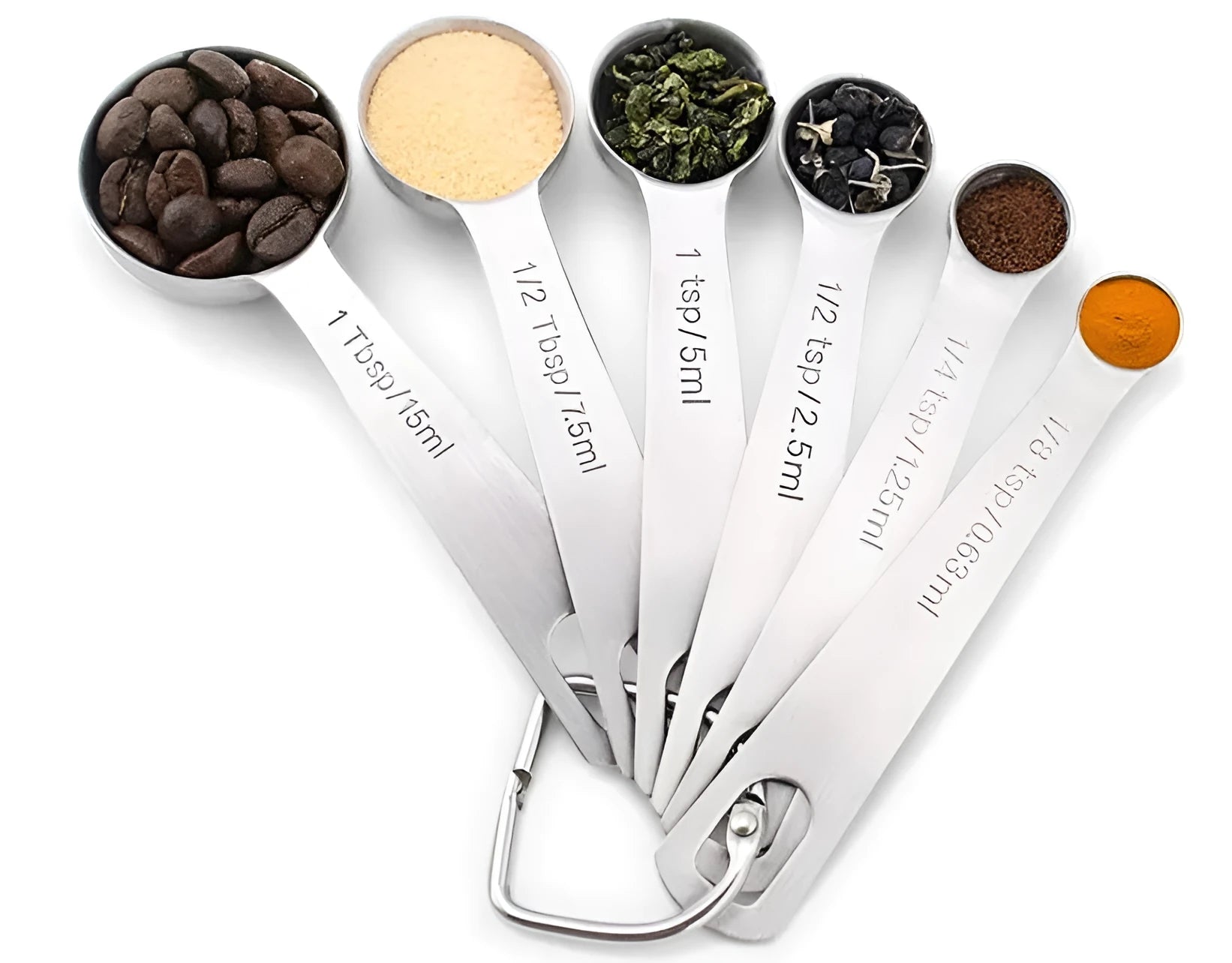 Set of six stainless steel measuring spoons connected by a silver D-ring, showing engraved measurement markings