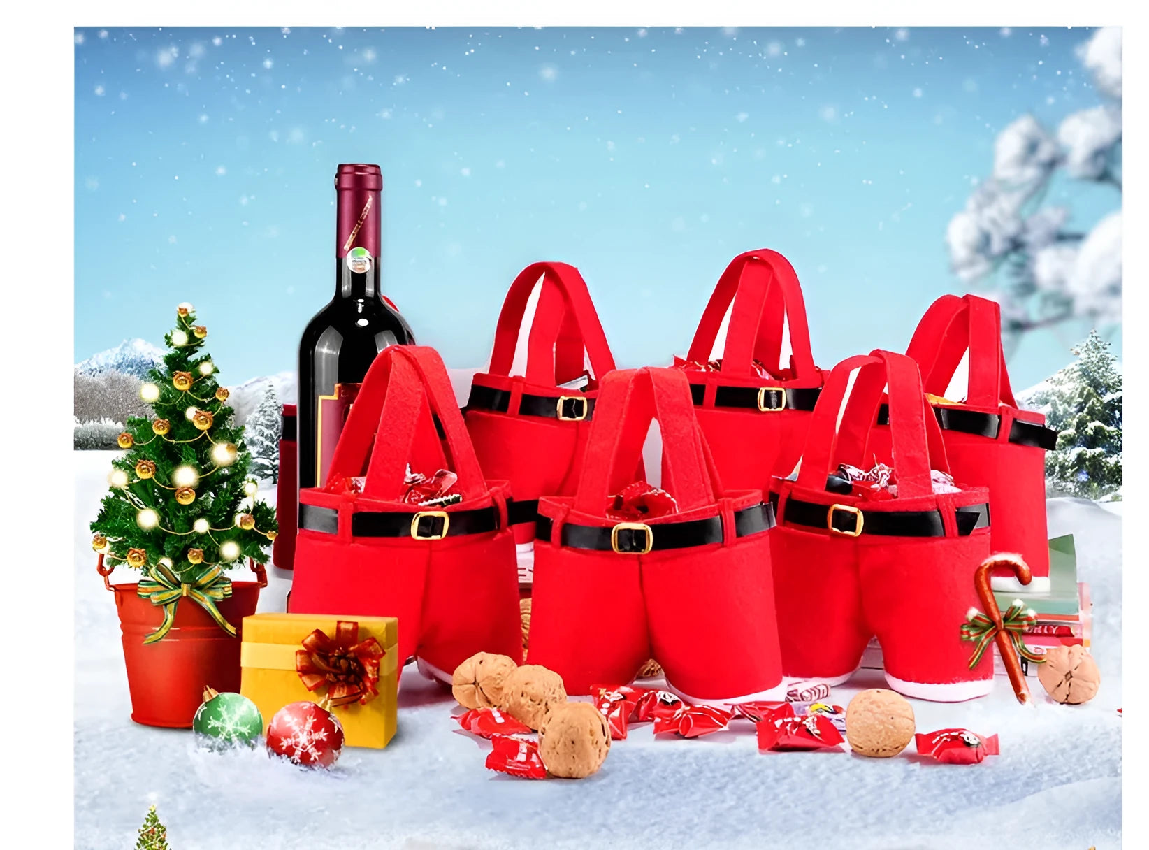 Red velvet Christmas bag for sweets measuring 21cm tall by 14.5cm wide