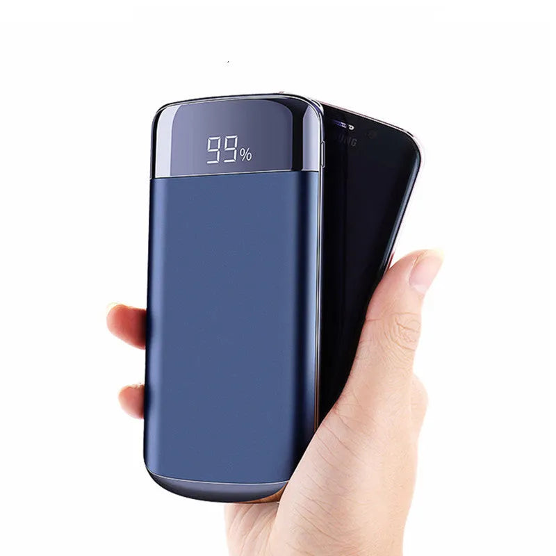 Square aluminium power bank with digital display and multiple USB ports in pink colour.