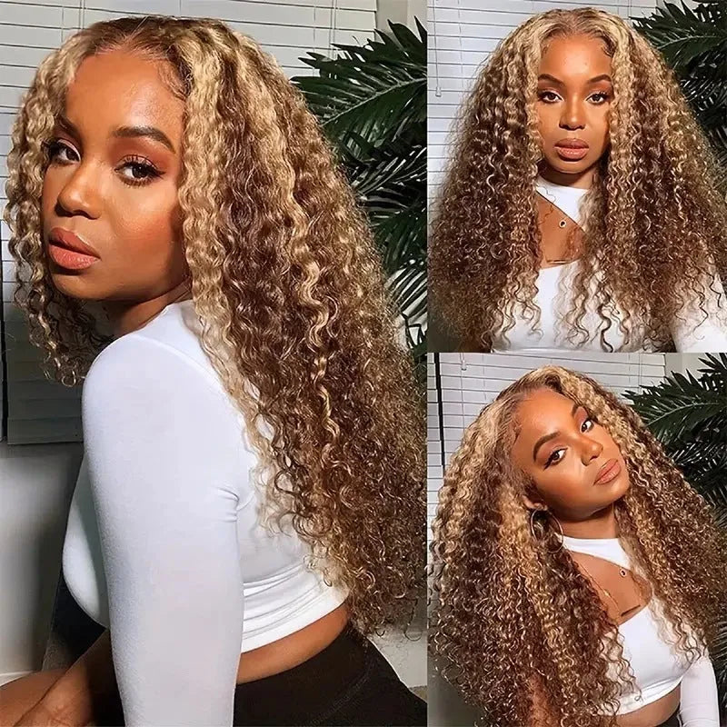 A long curly synthetic lace wig in a highlight gradient colour, shown on a wig stand.