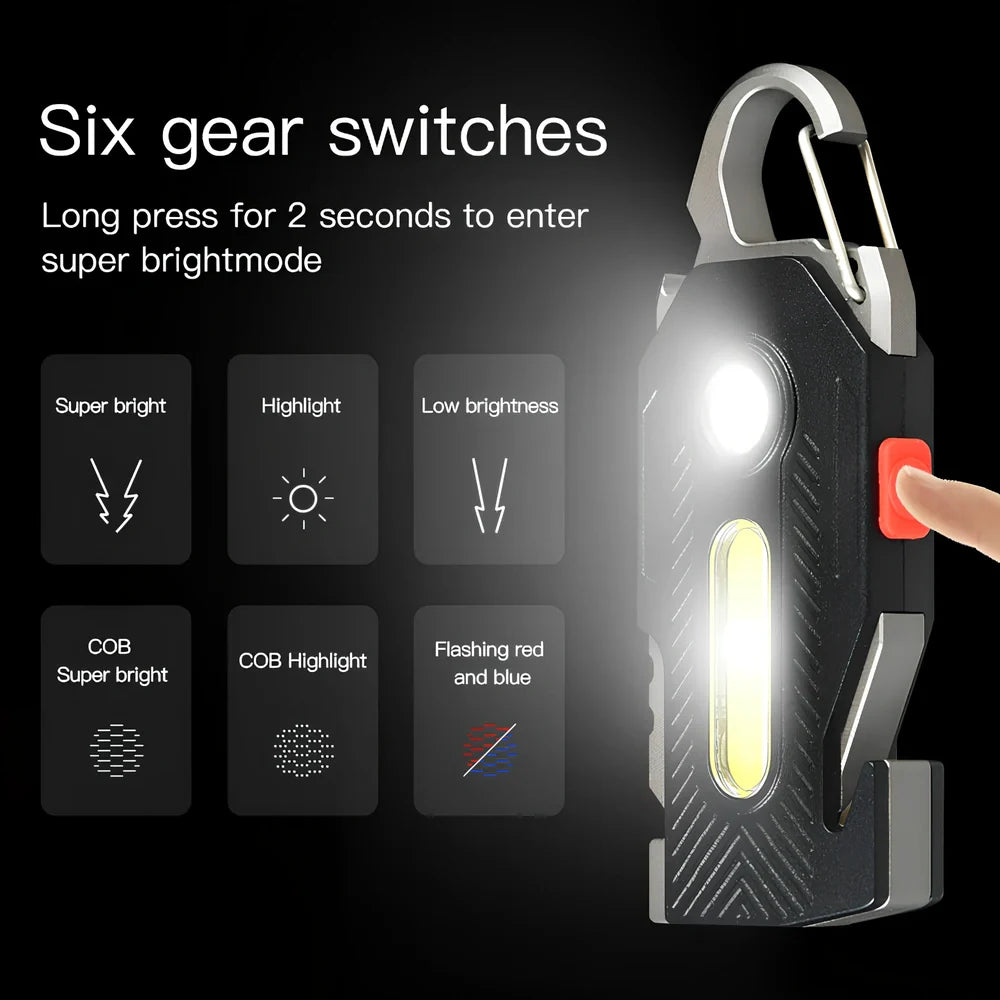 Multifunctional emergency light with mountaineering buckle showing bottle opener and seat belt cutter tools