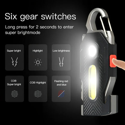 Multifunctional emergency light with mountaineering buckle showing bottle opener and seat belt cutter tools