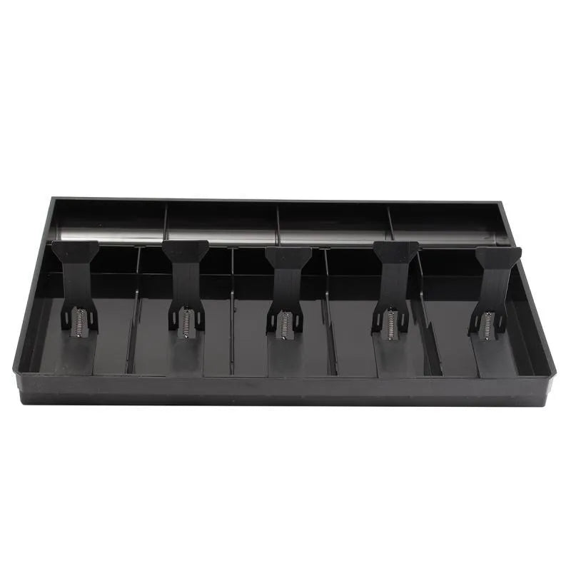 Black and white five-drawer ABS plastic cash register box for organising banknotes and coins.