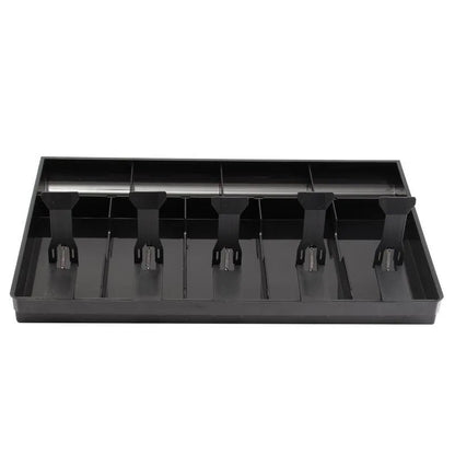 Black and white five-drawer ABS plastic cash register box for organising banknotes and coins.