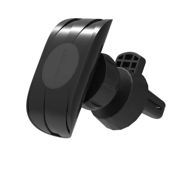 Matte black car phone holder clipped onto a car air vent
