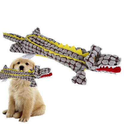 Crocodile-shaped plush dog toy with corduroy texture in blue, coffee brown, or grey colour options