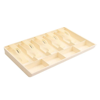 Black and white five-drawer ABS plastic cash register box for organising banknotes and coins.