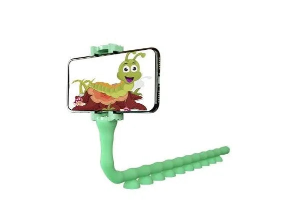 Flexible black rubber phone holder with suction cup mounted on a desk, holding a mobile phone at eye level.