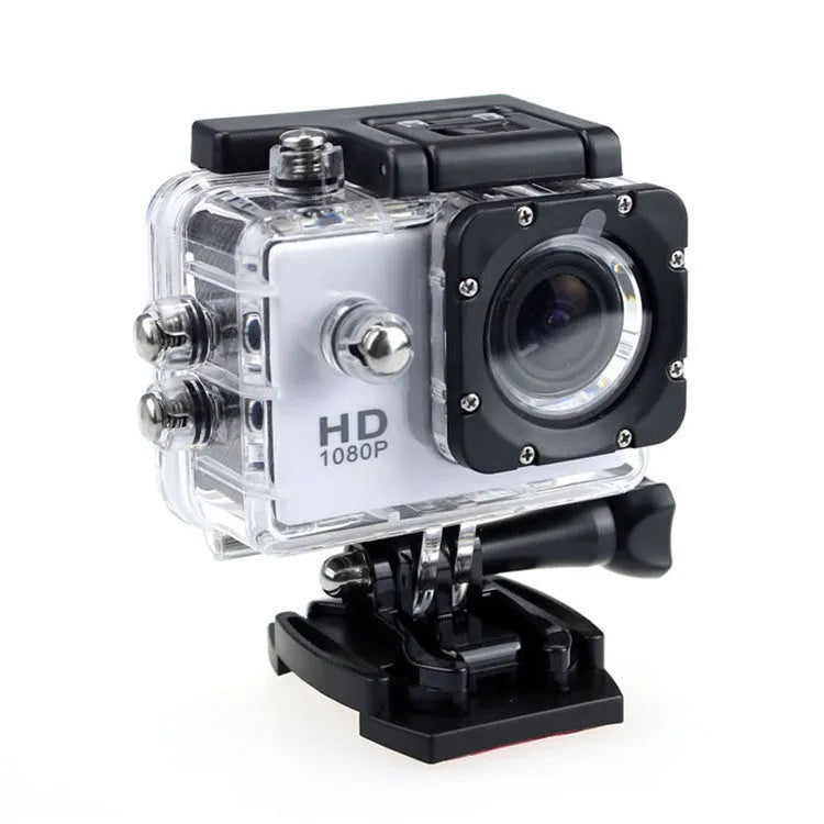 White waterproof sports camera next to its waterproof case and mounting accessory.