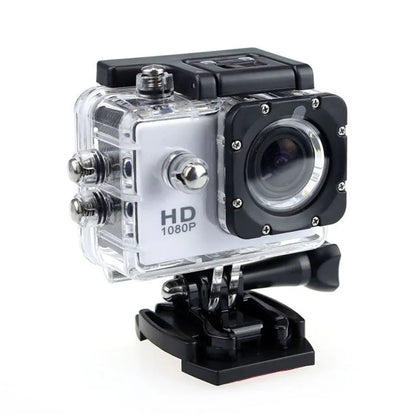 White waterproof sports camera next to its waterproof case and mounting accessory.
