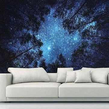 A beautiful forest-themed tapestry with a starry night sky design, perfect for enhancing home decor