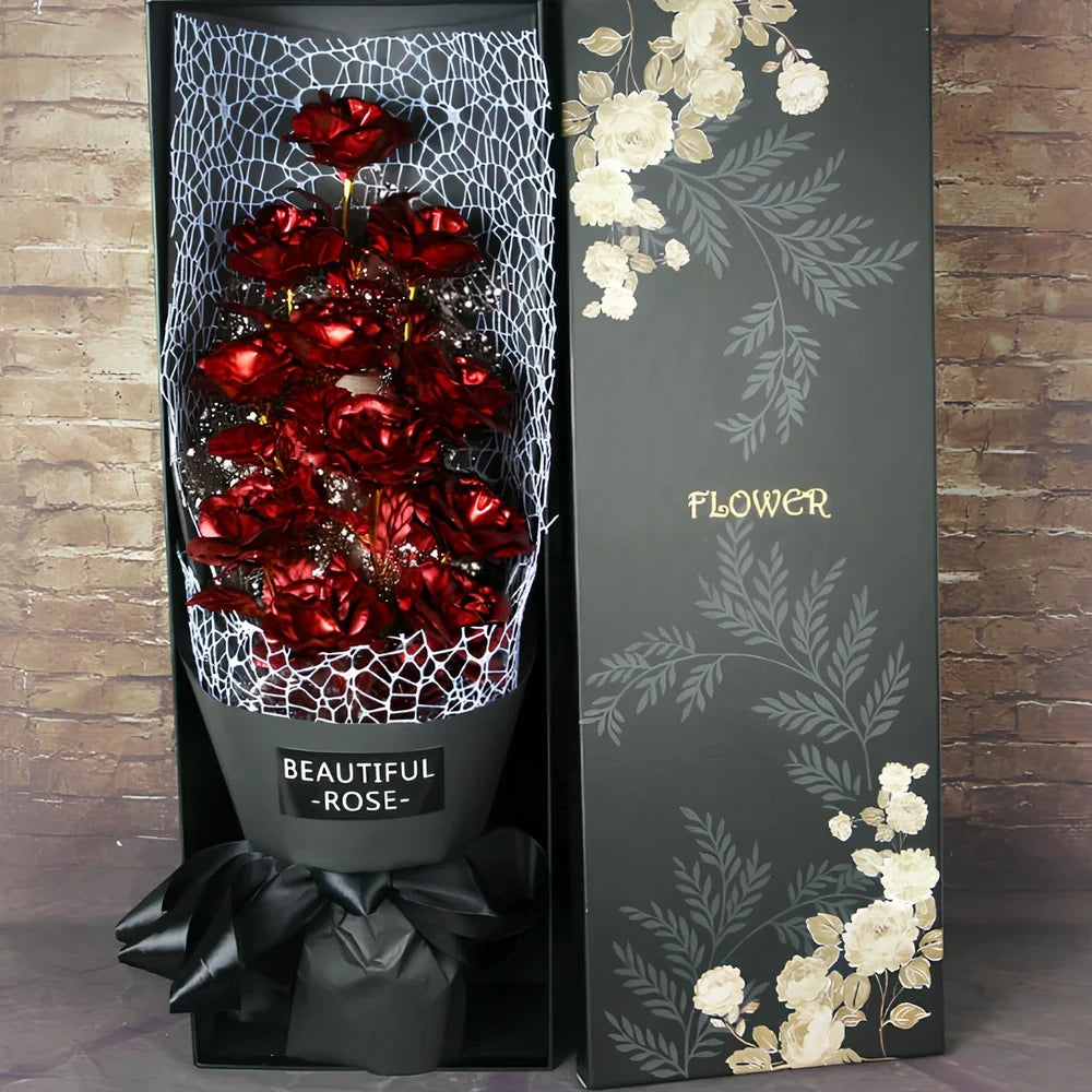 24K golden foil rose bundle in red, 9 stems, 30 cm tall for Valentine's gifting and home decor