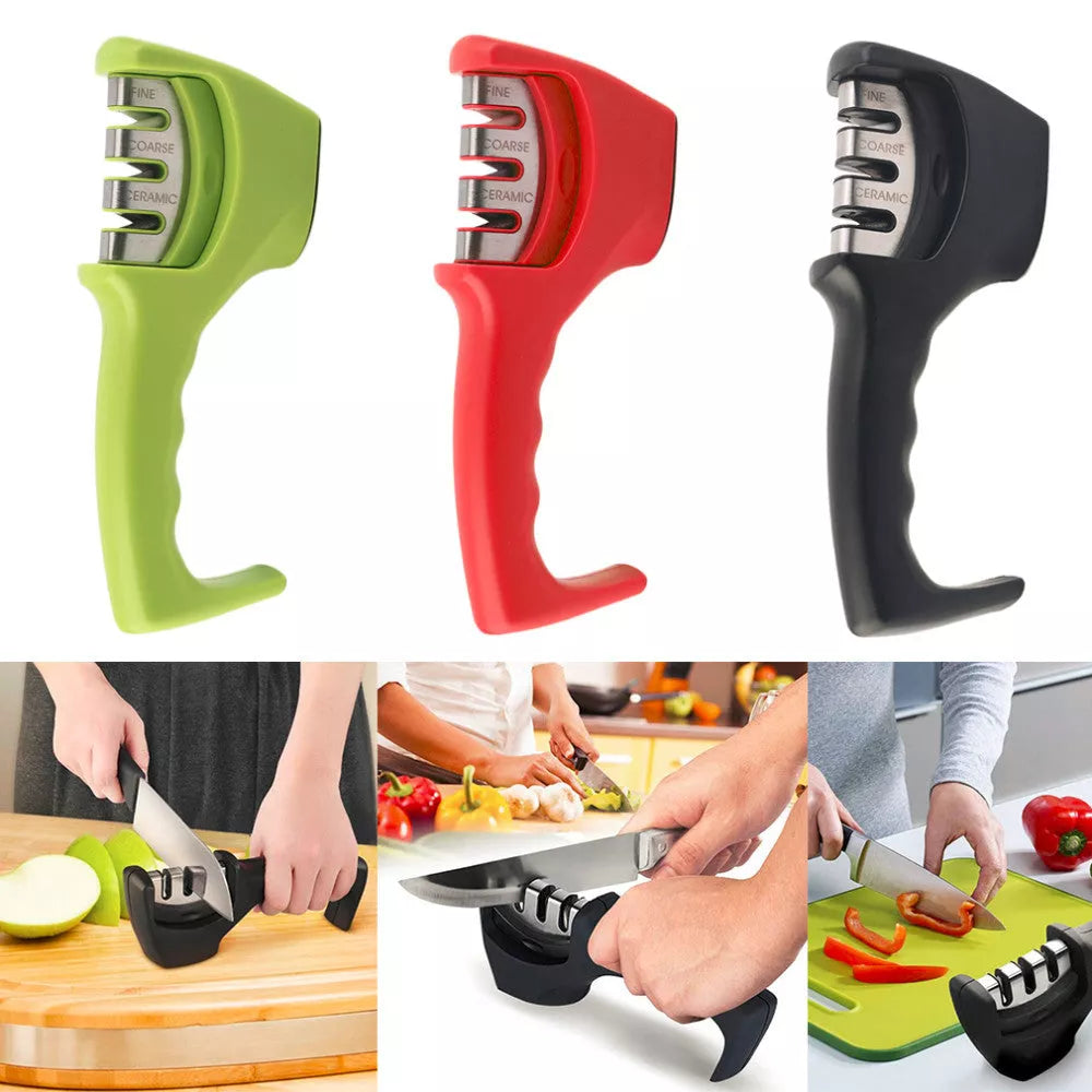 Professional knife sharpener with three-level sharpening system and anti-slip base