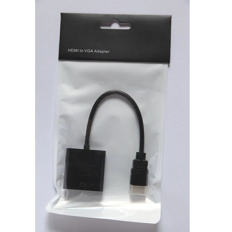 Black HDMI to VGA converter cable showing HDMI male connector and VGA female port