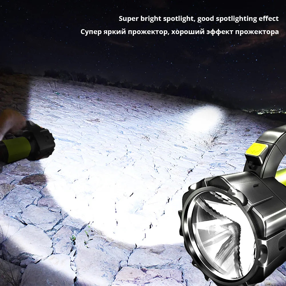 H771 portable LED searchlight in orange or green with shoulder strap and removable battery.