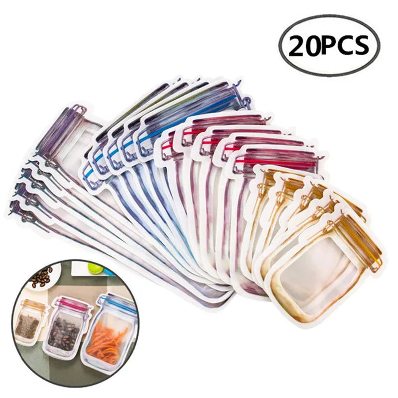 Red reusable self-sealing plastic bag for snacks with zipper closure, shown with biscuits.