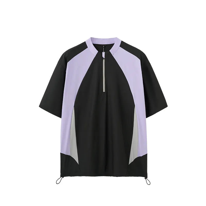 Men's solid colour polyester top with stitching detail, shown in black and beige with both long and short sleeve options