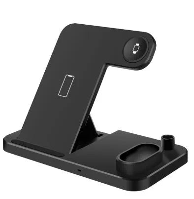 4-in-1 wireless charging station with adjustable magnetic stand charging phone, watch, earbuds, and stylus on a desk