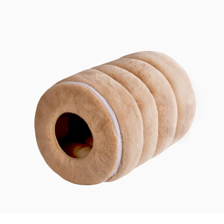 Camel-coloured cloth pet nest with soft rabbit fur lining, measuring 50x33 cm.