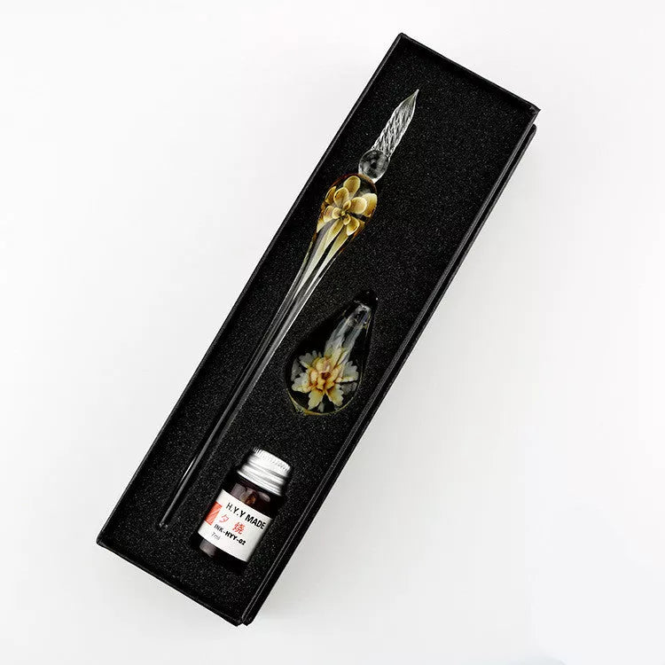 Crystal Flower Glass Dip Pen Set with floral patterns and borosilicate glass construction