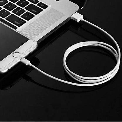 White 5V 2A USB wall charger and white Lightning cable for iPhone and iPad on a grey background