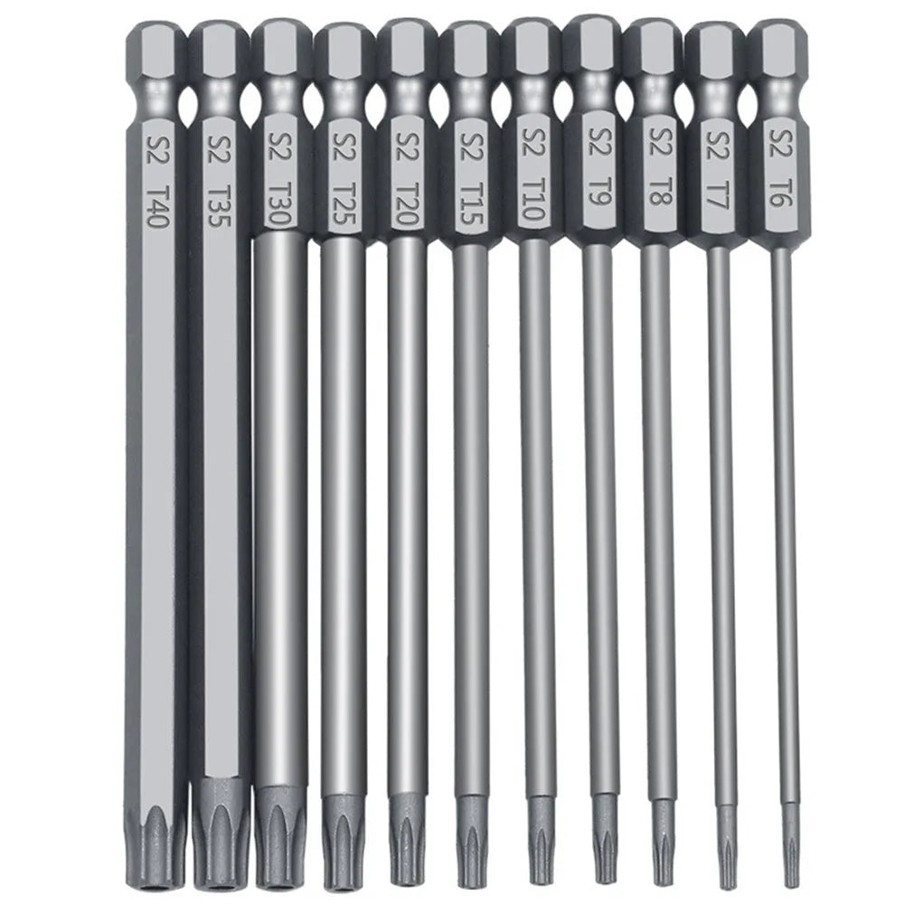 Hexagon handle alloy screwdriver bit set showing 50mm, 75mm, and 100mm lengths for Type 0 plum blossom hollow screws.