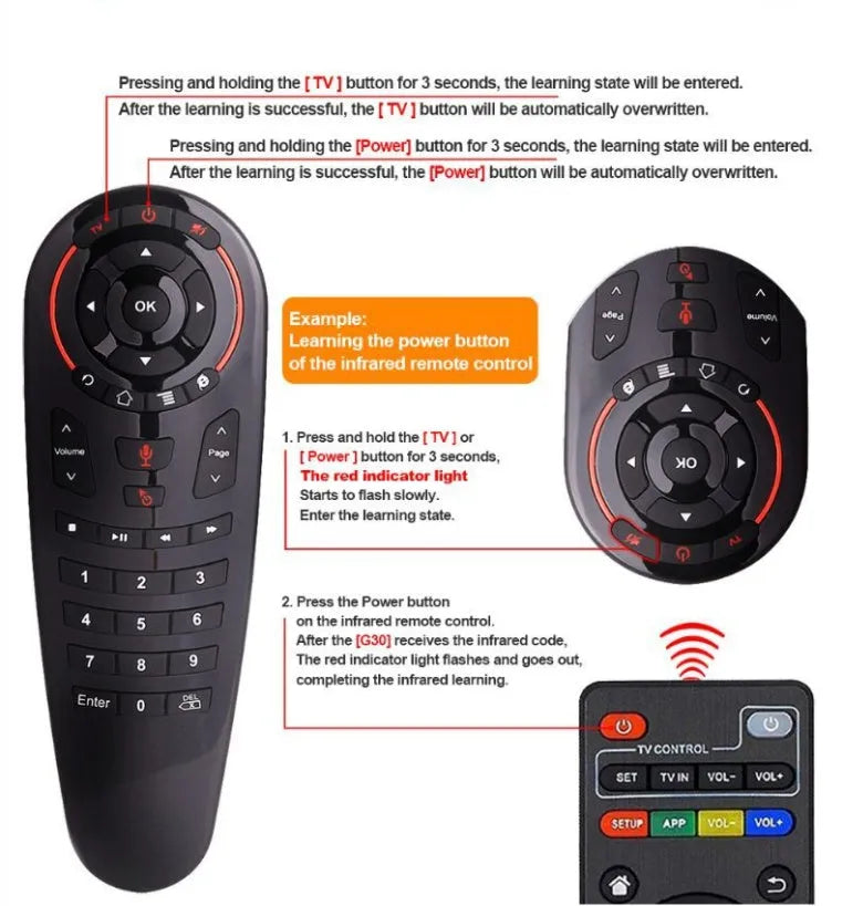 G30 AIR MOUSE wireless keyboard remote control with nano receiver on a dark surface.