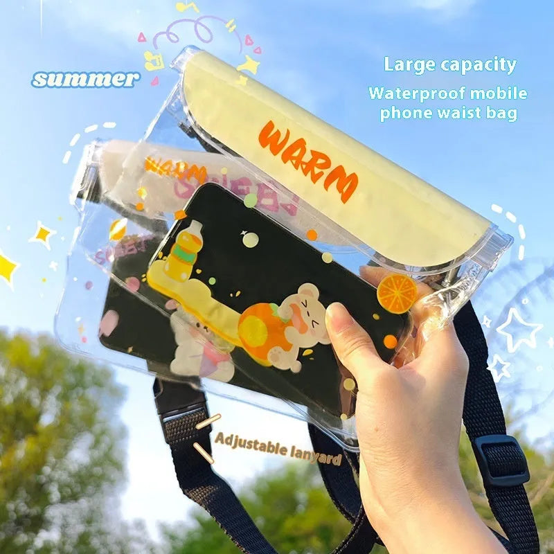 Waterproof PVC phone waist bag with adjustable waistband and touch screen, cartoon animal design, free size