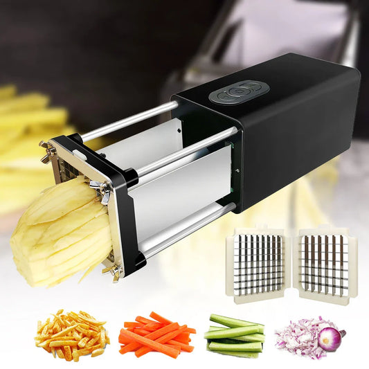 Premium electric French fry cutter with stainless steel blades and versatile cutting modes for commercial and home use