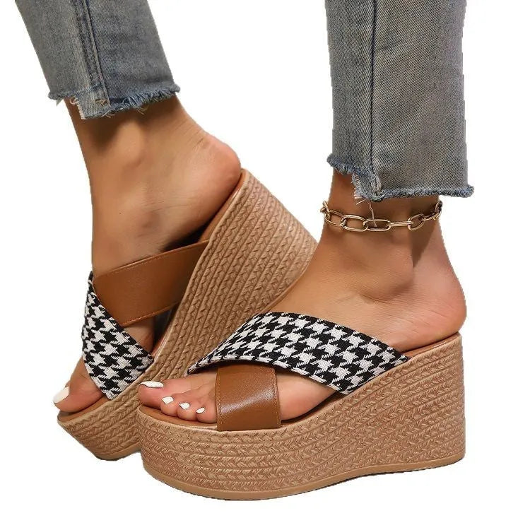 Women's brown leopard plaid wedge sandals with rubber sole on a white background