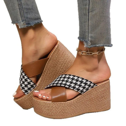 Women's brown leopard plaid wedge sandals with rubber sole on a white background