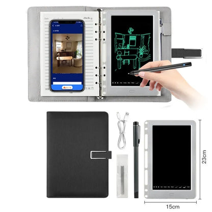 85-inch electronic writing pad with stitching detail in dark blue, shown with smart pen and charging cable.